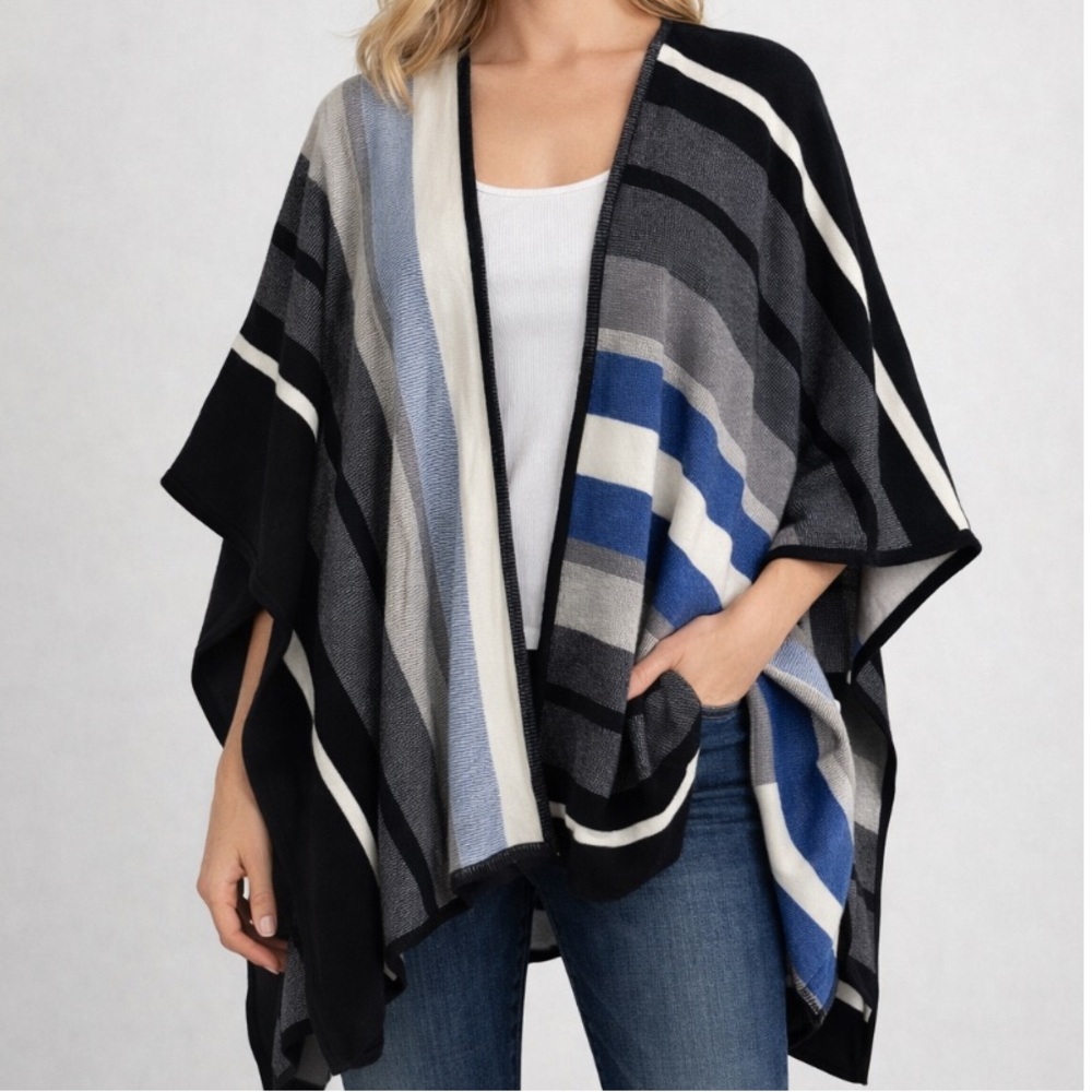 Per Se by Carlisle Poncho Cape Womens Medium Blue Stripes Sweater Beach Nautical